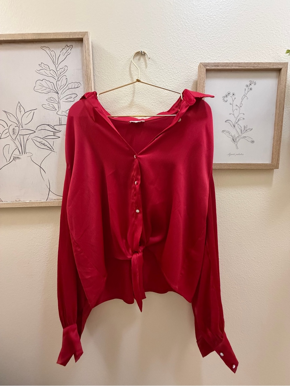 LA MIEL Red Button-Front Tie Hem Blouse